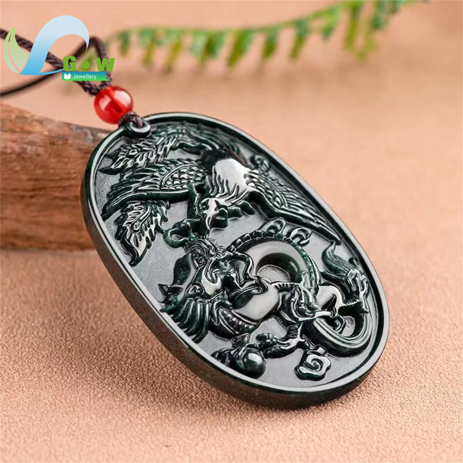 Natural Grade A Jadeite Dark Jade Dragon Phoenix Plaque Pendant Hanging Amulet Necklace Unisex High End Carved Gemstone Jewelry
