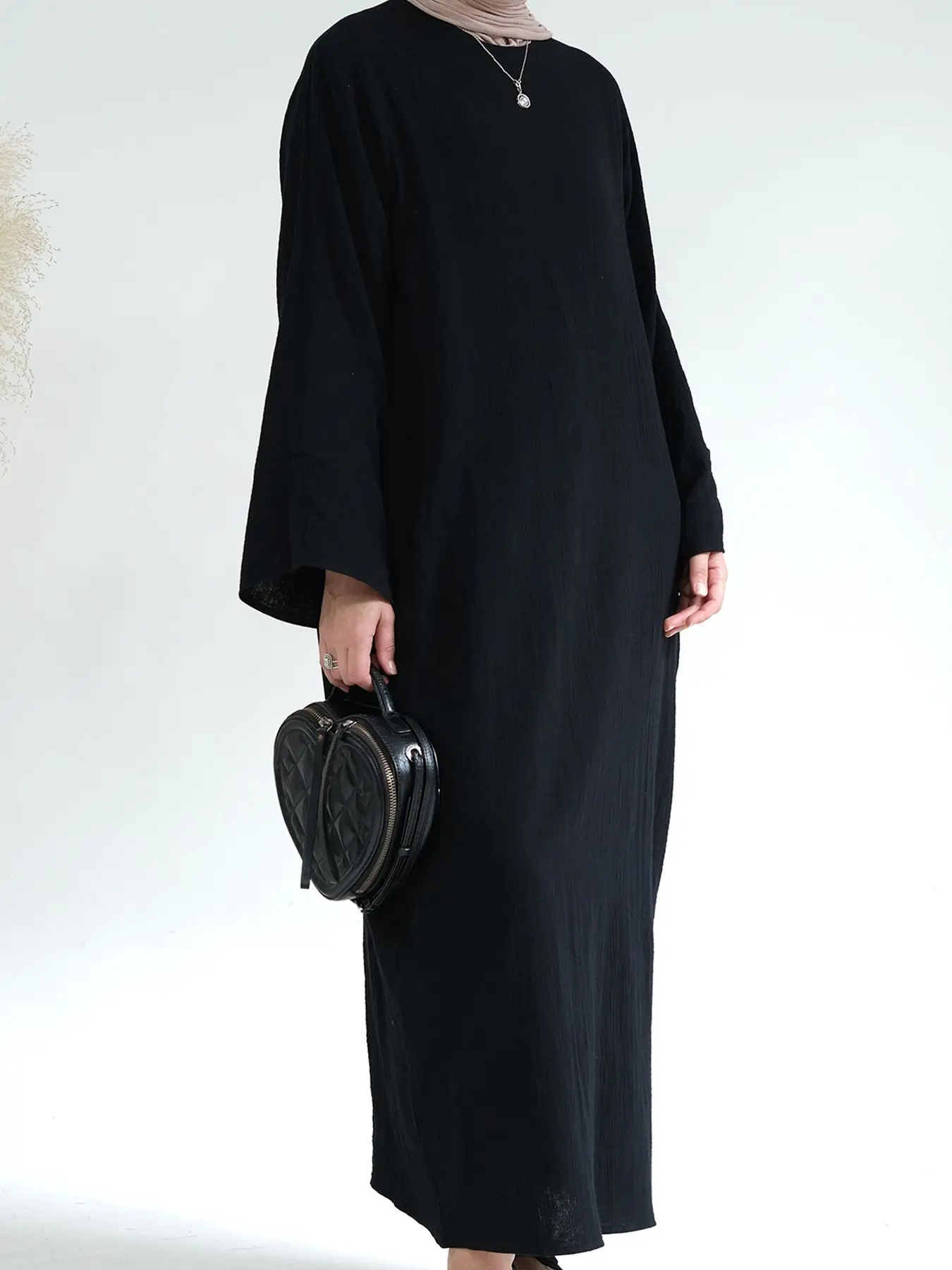 Manica intera turco modesto Abaya abito lungo O collo 100% cotone donna musulmano marocchino caftano Jalabiya Islam Dubai abiti tasche