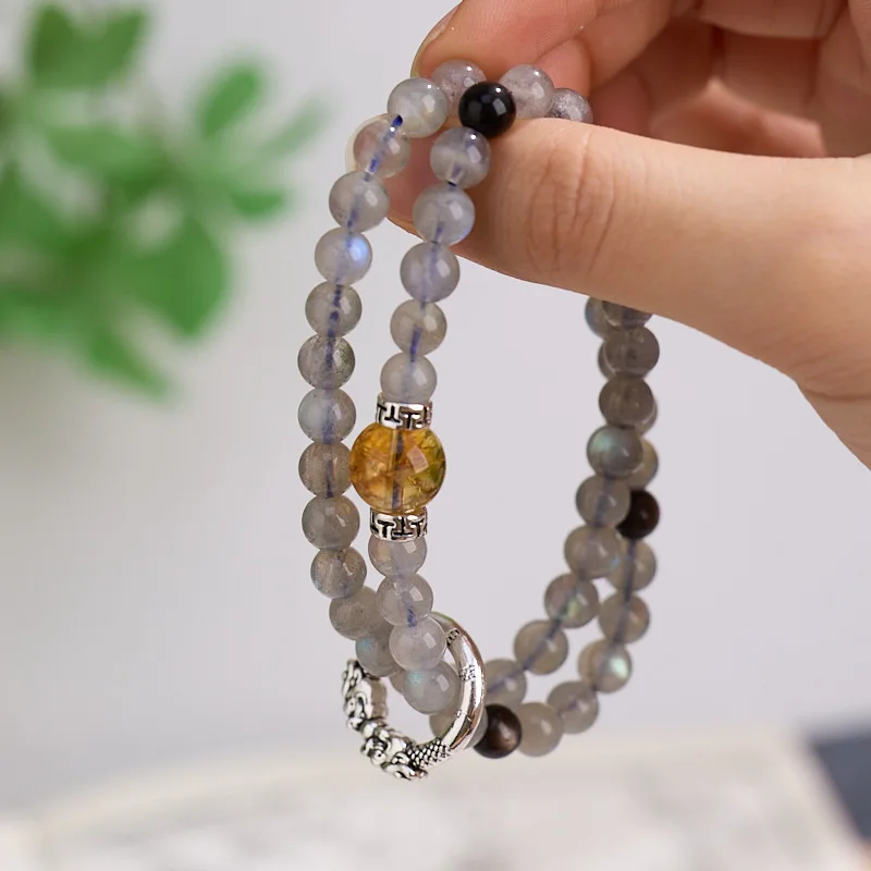 حجر السج الطبيعي دائرة مزدوجة Moonstone سيترين الراقية كريستال زوجين سوار