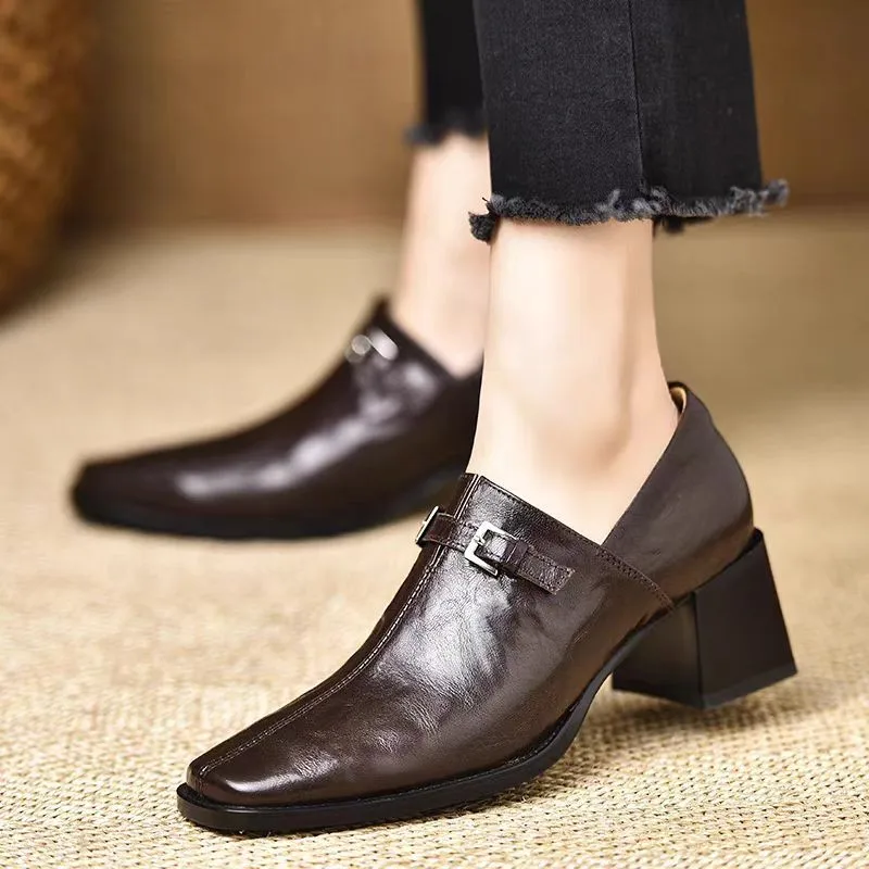 2024 Spring Women Shoes Square Toe Chunky High Heels Women Pumps Shoes for Women Genuine Leather Loafers Shoes Zaptos Mujer