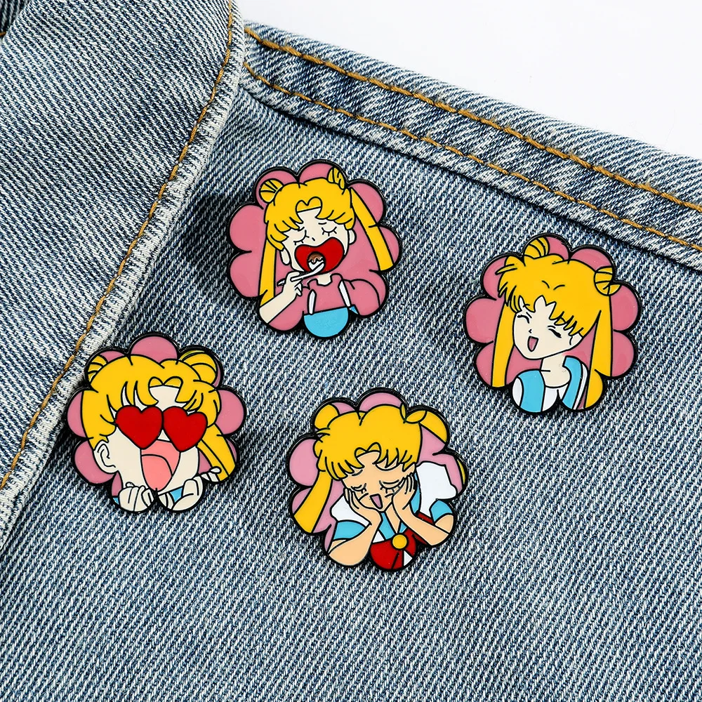 4Pcs Cute Sailor Moon Brooch Cartoon Tsukino Usagi Metal Badge Enamel Pin Clothes Jeans Lapel Pin Jewelry Accessories Ornament