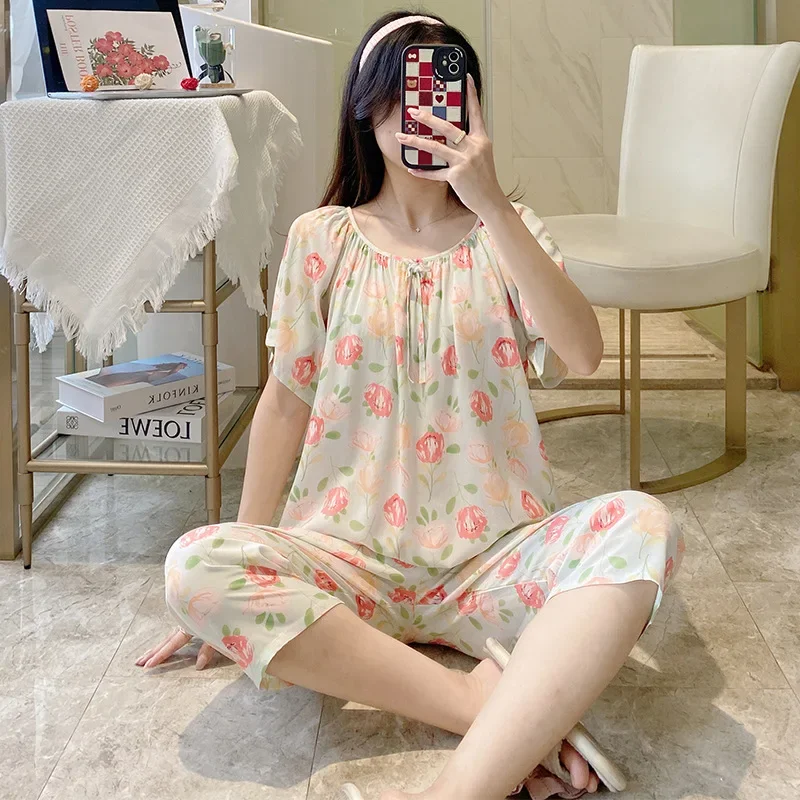 floral print satin pajama sets 2 piece pants trouser ruffled lady outfit lounge women pijama sleepwear pajama nightwear pyjama