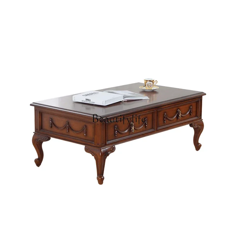 

Wood Carved Tea Table American Style Living Room Furniture Small Apartment European Style Sofa Table