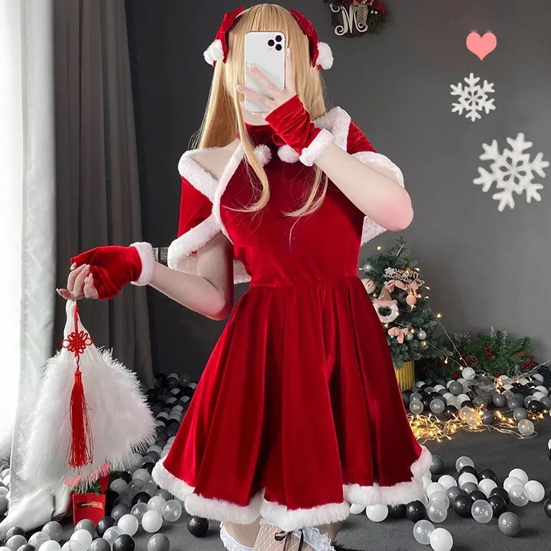Christmas Cosplay Costume Dress Accessories Suit Red New Year Cloak Carnival Xmas Oliday Theme Party Outfits for Adult Women view 6