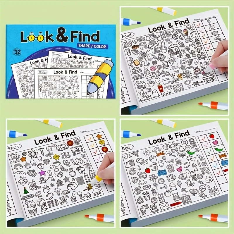 Malbuch mit 1000 versteckten Objekten für Kinder, pädagogische Puzzle-Aktivität mit Tieren, Fahrzeugen, Alphabet, Zahlen, Klassenzimmer, Geschenk