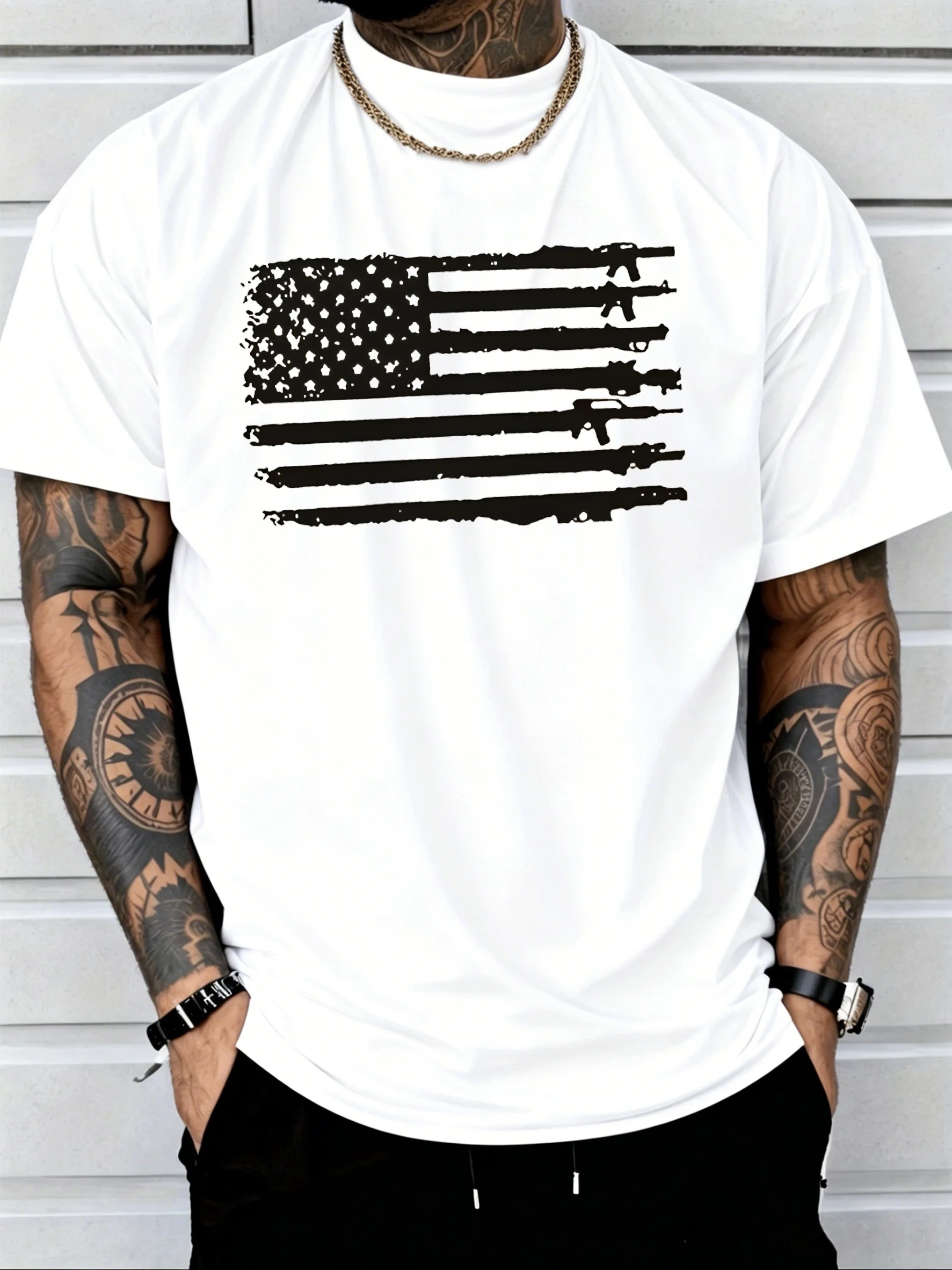 2026 Summer Men's Ripped Stars Rifle Stripe Flag Print 100% Cotton Short-Sleeve T-Shirt, Street Style, Versatile Top