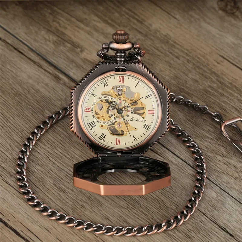 Vintage Red Copper Octagon Design Clock Skeleton Handwinding Mechanical Pocket Watch for Men Women Roman Number FOB Chain