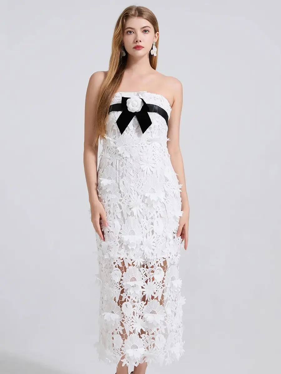 

High-end Lace Splice 3D Camellia Embroidery Birthday Evening Party Dresses Women Luxury Color collision Lace Bodycon Dress