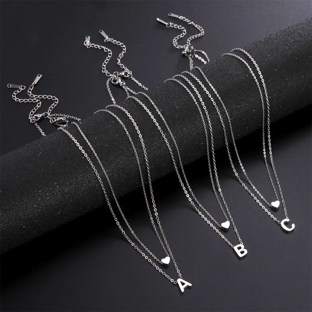 Cazador A-Z Initial Letter Heart Pendant Necklace for Women Alphabet Stainless Steel Jewelry 2024 Double Chains Birthday Gift