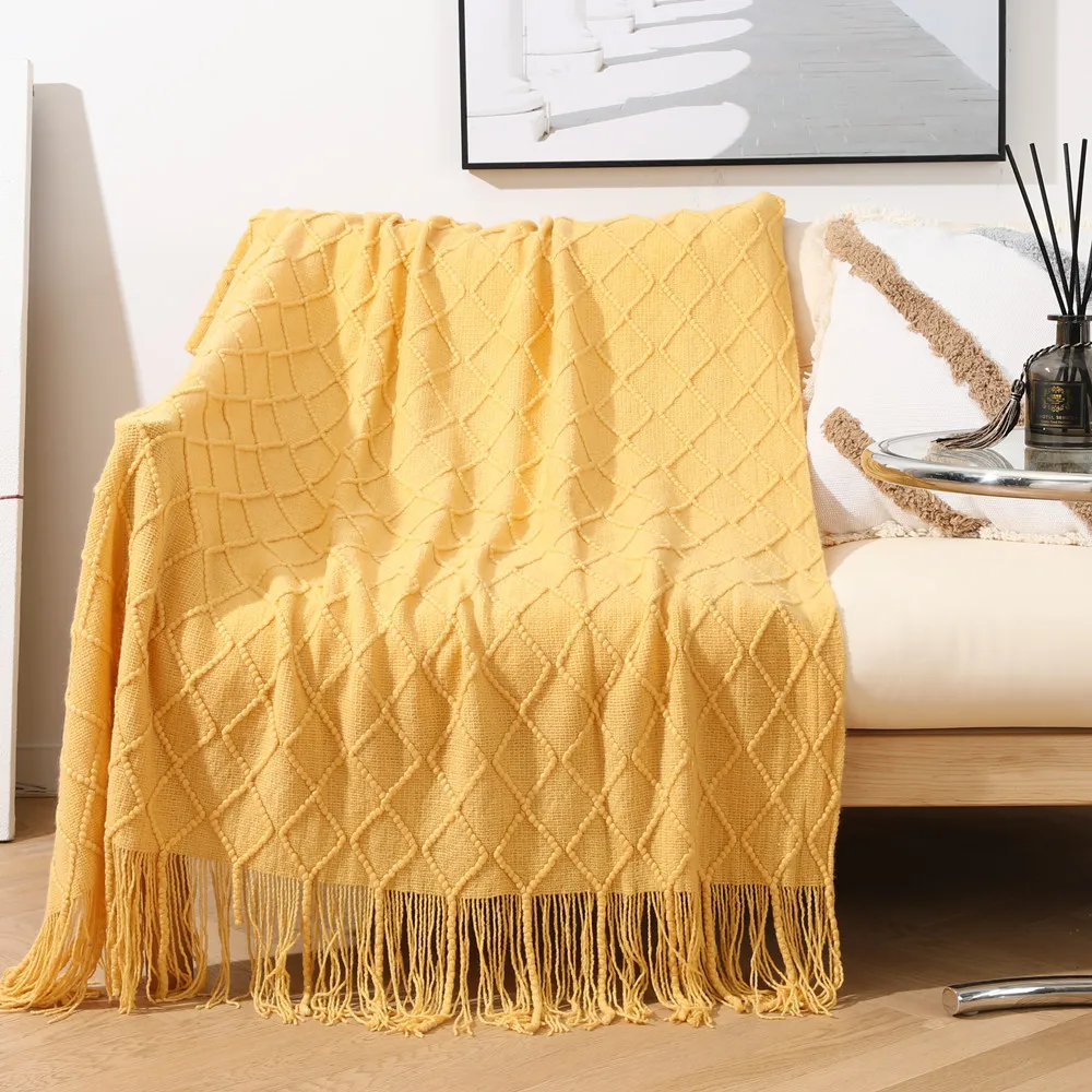 2023 New Faux Cashmere Sofa Blanket Cover Nordic Style Knit Plaid Throw Tassels Bedspread Golden Blanket for Spring Summer