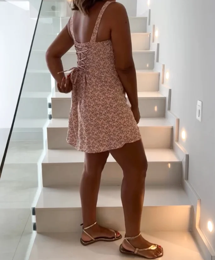 

Women's Dress 2025 Spring Summer Hot Selling Floral Print Lace-Up Square Neck Thick Strap Romper Casual Shirred Dress Jumpsuit