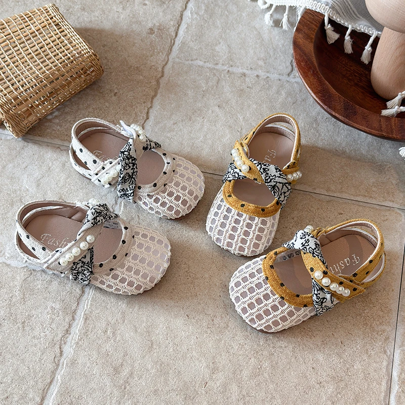 Children's Sandals Korean-style Girl's Princess Shoes Pearl Mesh Polka Dot Chic Solid Colors Anti-slip Daily Kid's Flat Shoe