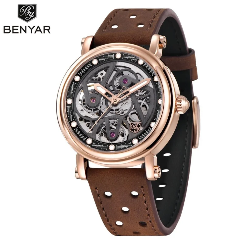 BENYAR 5202 Jam Tangan Mekanis Otomatis Pria Bermerek Mewah Baru Desain Berongga Retro Dial Tali Kulit Lampu Malam Tahan Air