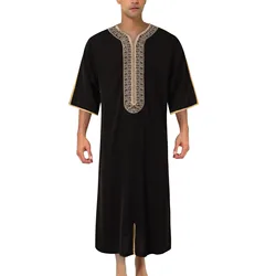 Mens Summer Loose Muslim Robes Middle Sleeved Solid Robe One Line Neck Loose Business Muslim Islam Arab Dubai Middle East Robe