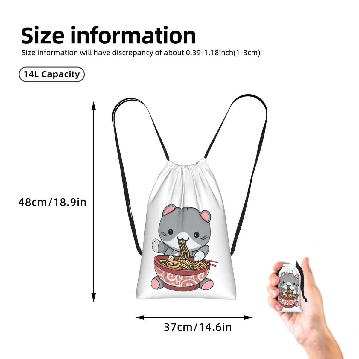 Kawaii Ramen Cat Drawstring Backpack Sports Gym Bag Portable Travel Drawstring Bag for Men Women