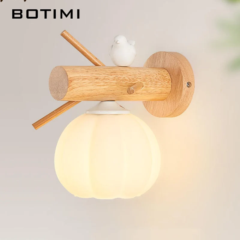 

BOTIMI Bird Wooden Wall Lamp With White Glass Lampshade For Bedroom Bedside Wall Sconce E27 Luminaire Bed Reading Home Lighting