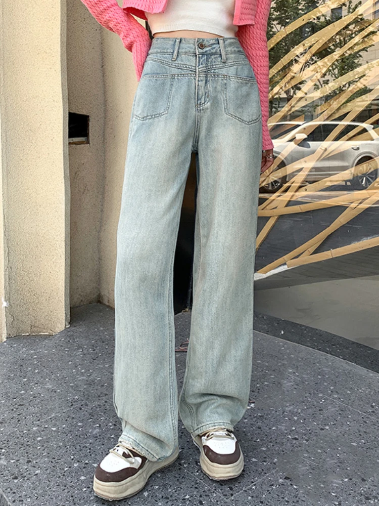 Weites Bein Jeans Frauen solide Denim lose Streetwear Mode Freizeit elegante Sommer hohe Taille in voller Länge europäischen Stil Retro