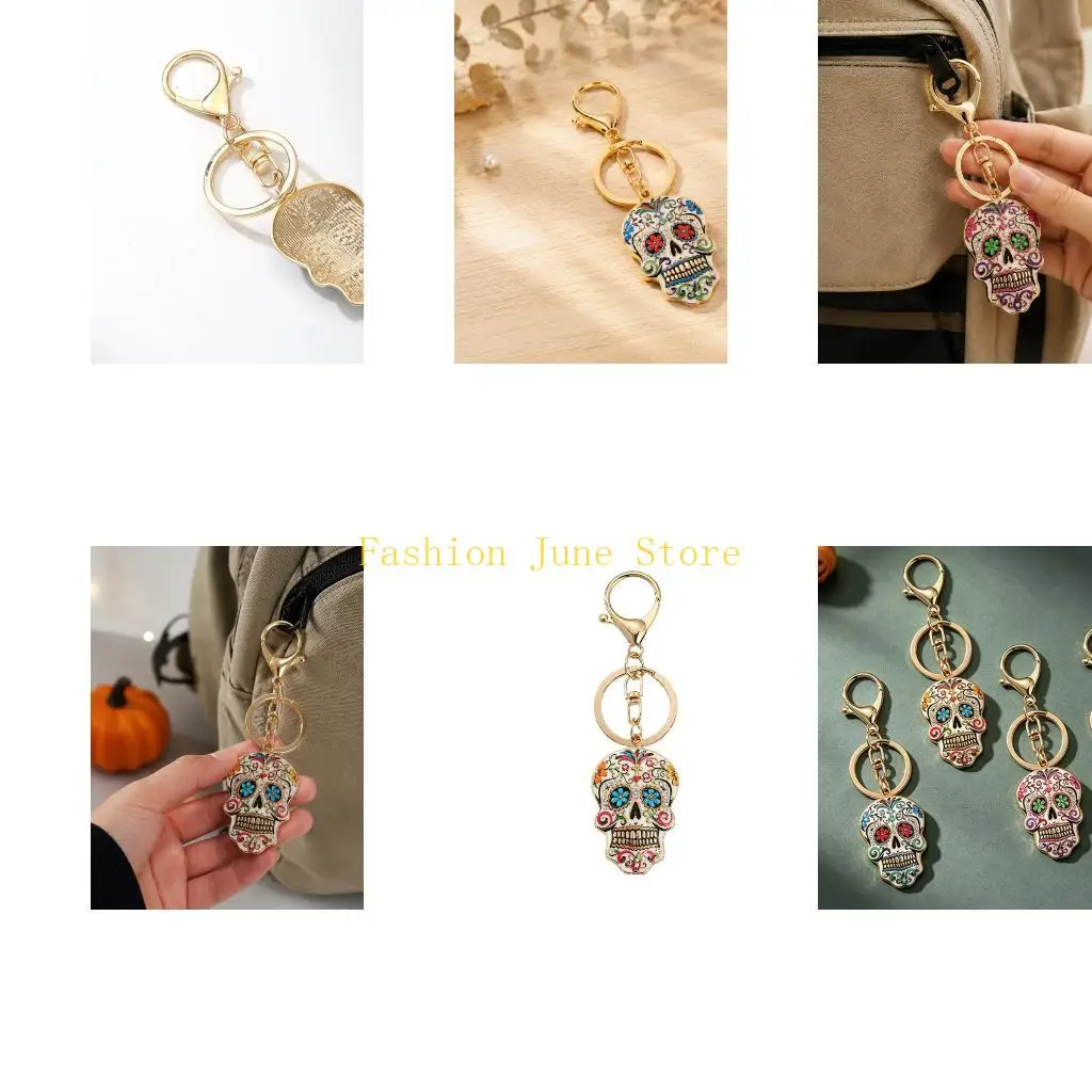N5KA Halloween Skull Keychain Charm, Floral Skull Bag Charm with Alloy Hardware, Lobster Clasp and Round Ring for Keys