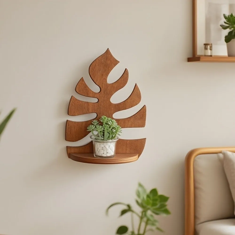 Hanging Floating Wall Mounted Wooden Shelf Window Shape Hollow Out Wall Storage Rack Rustic Style Leaf Shape Wall Display Stand