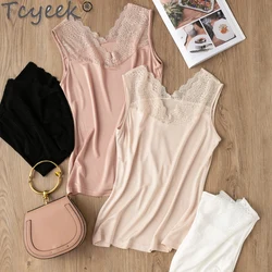 Tcyeek 23% Real Silk Spring Summer Top Women's Tank Tops Slim Fit V-neck Lace Sexy Bottom Tank Top Mulberry Silk Women Clothes