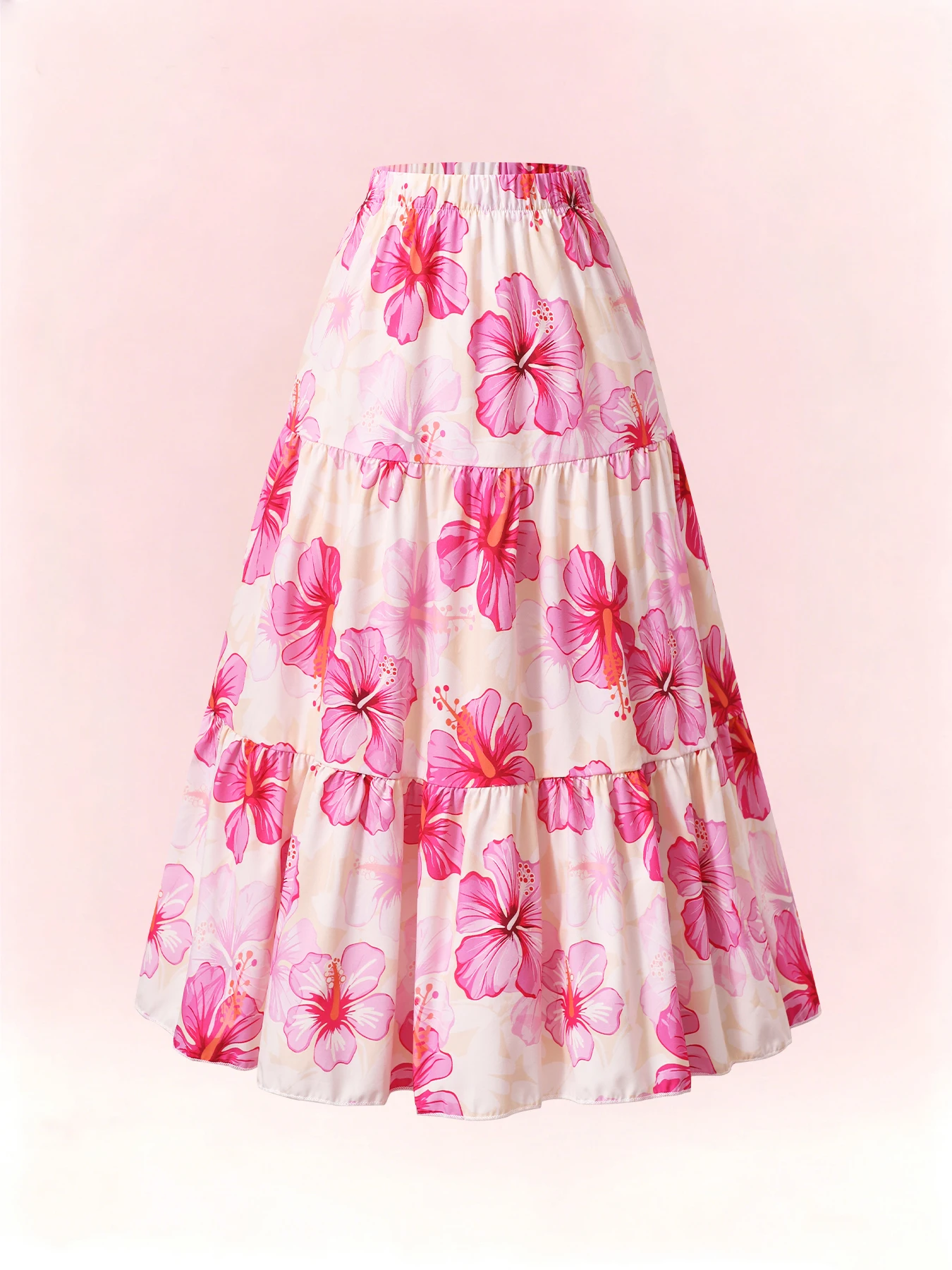 Girls Pink Floral Print Midi Skirt 8-12 Years Old Bohemian Vacation Style Big Skirt for Kids