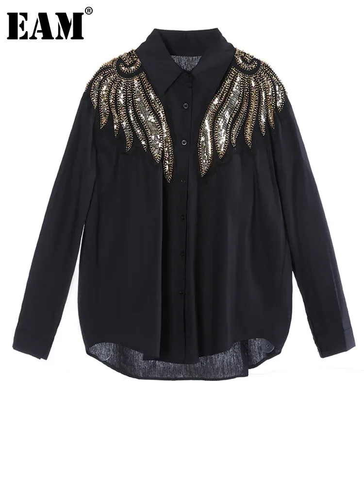 [EAM] Women Black Sequins Wings Big Size Casual Blouse New Lapel Long Sleeve Shirt Fashion Tide Spring Autumn 2025 1DH9411