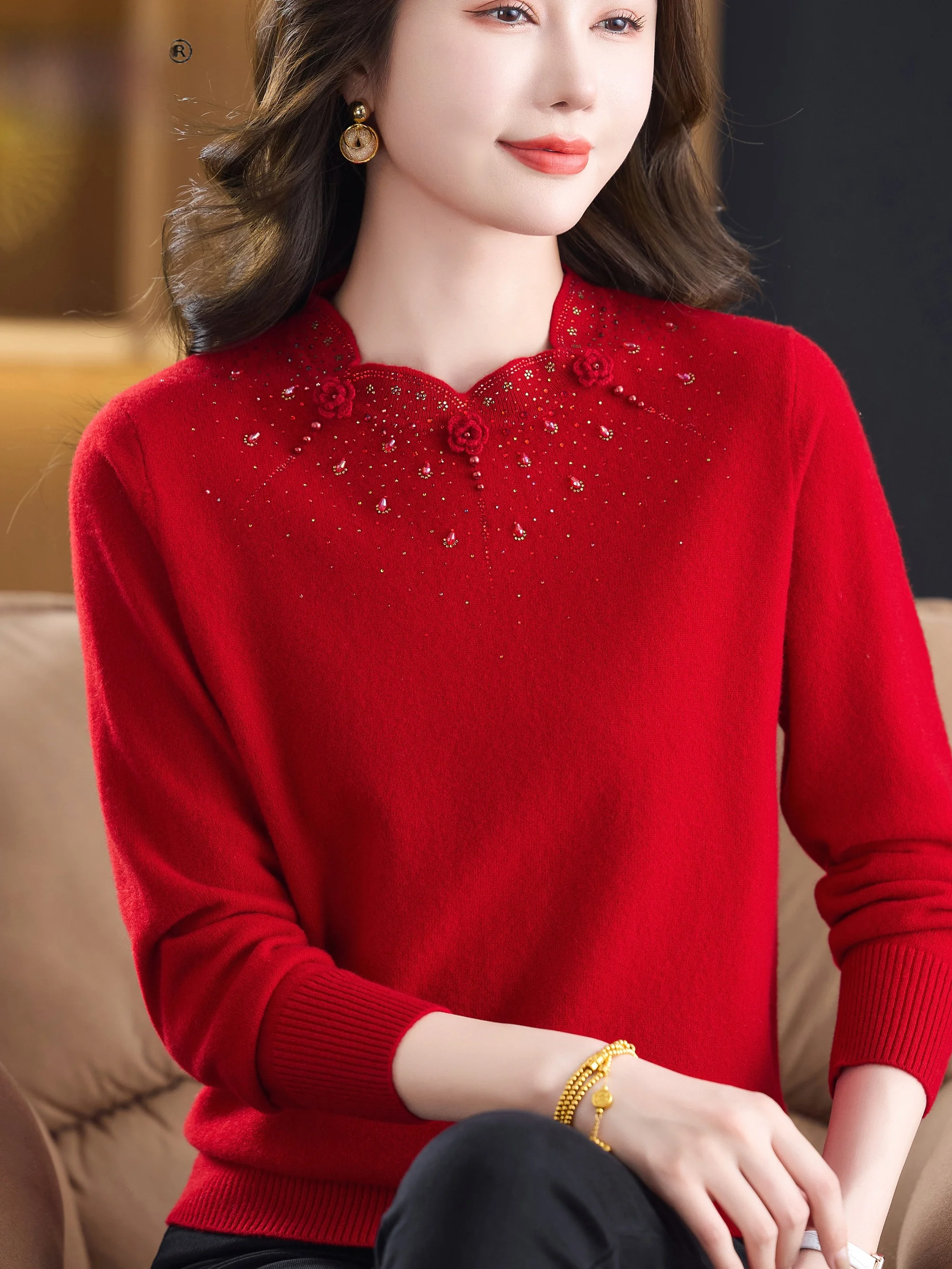 

Faionable Pure Wool Base irt, женский свитер среднего возраста Mommy Sle, осень-зима, красный свитер с кружевным воротником и бриллиантами, дышащий