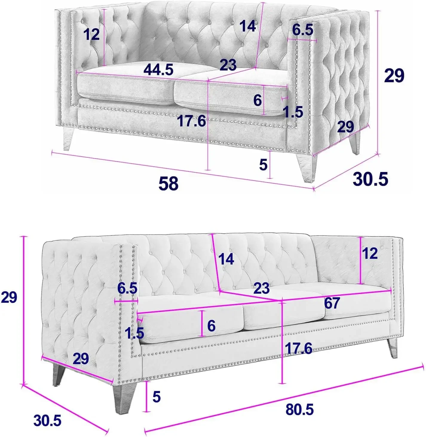 80-inch Couches + 58-inch Loveseat Sofa Set for Living Room, Modern Button Tufted Velvet Upholstered Sofa Couch