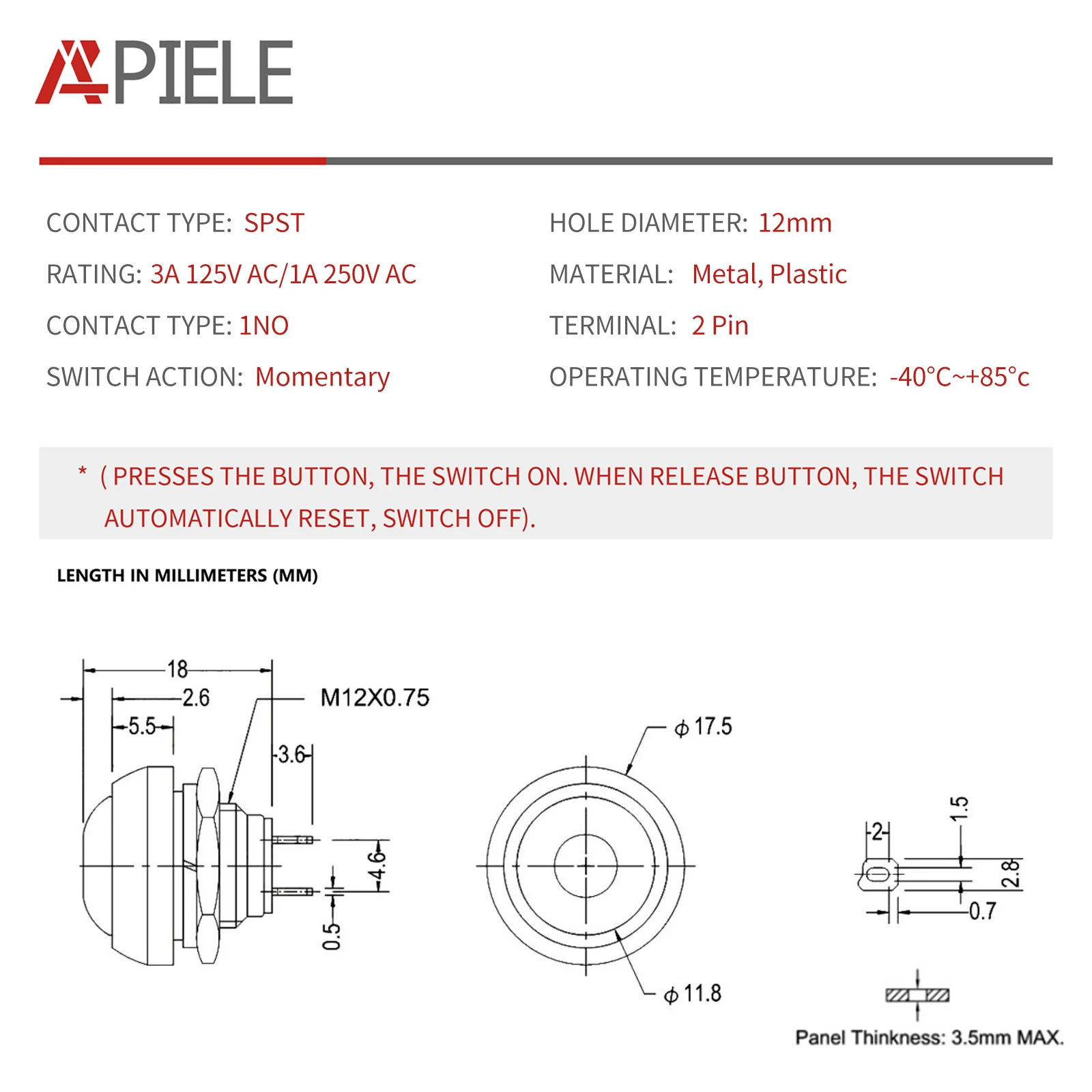 APIELE-Mini interrupteur à bouton-poussoir momentané avec fil pré-soudé, interrupteur rond étanche, 1A, 250V, AC, SPST, NO 2 broches, 12mm, 6 pièces