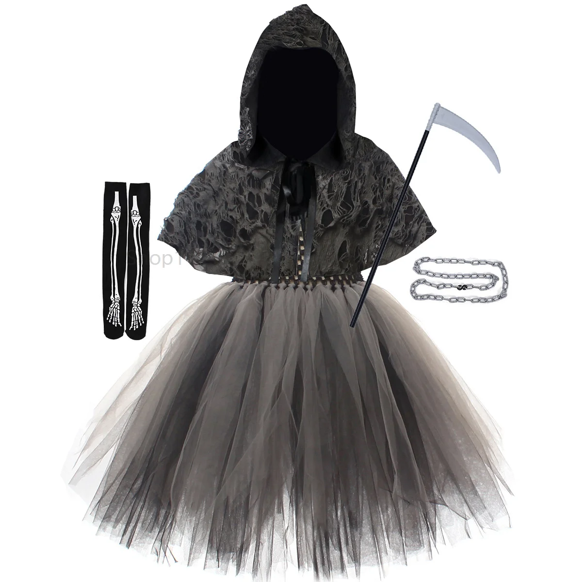 

Anime Girl Grim Reaper Cosplay Halloween Black Dress Hoodie Cape Skull Printed Children Costume Economic