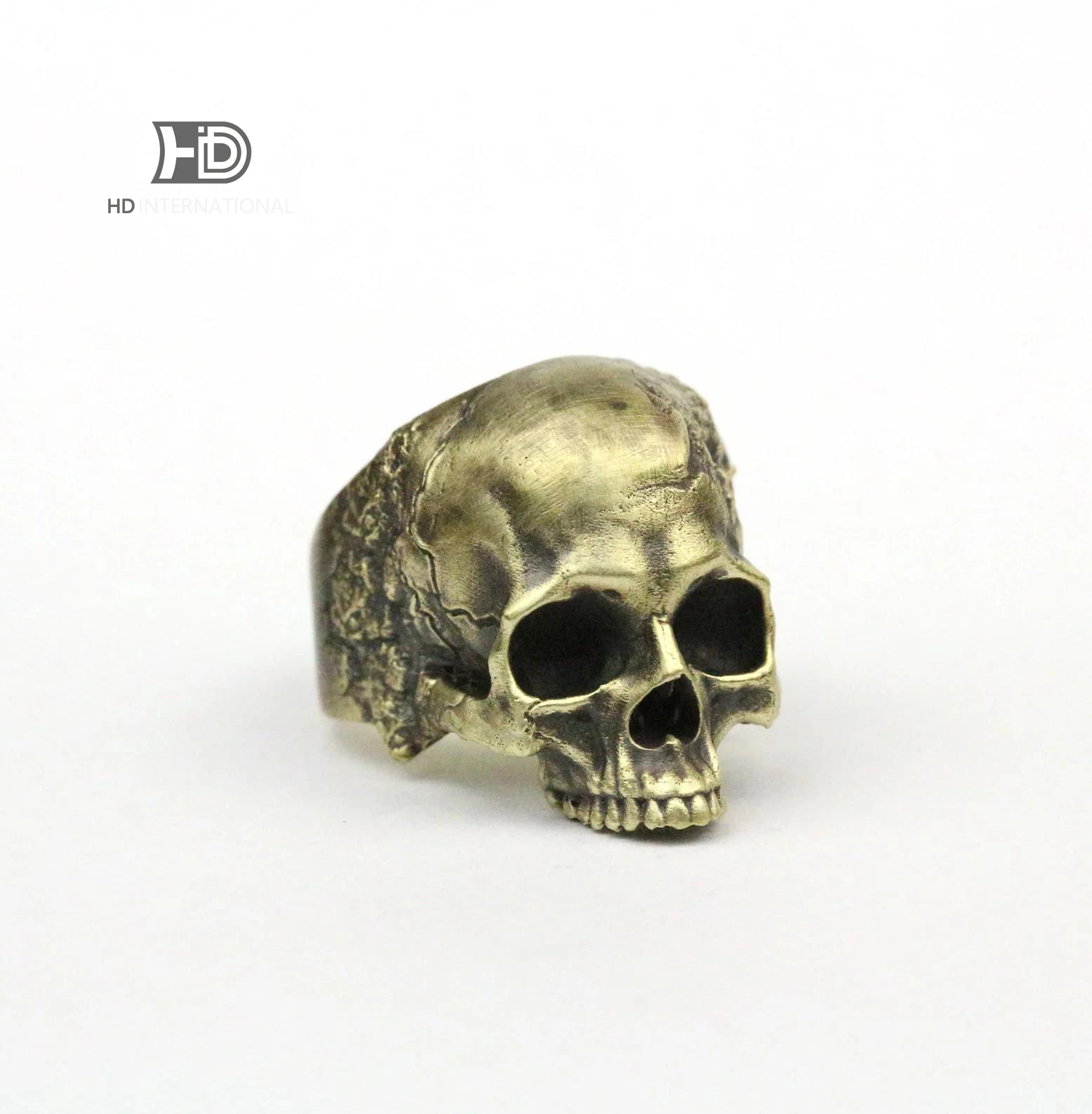 Battle-damaged skull Unique Heavy Sugar Skull Ring half jaw mens skull biker masonic Statement Brass 925 silver handmade custom