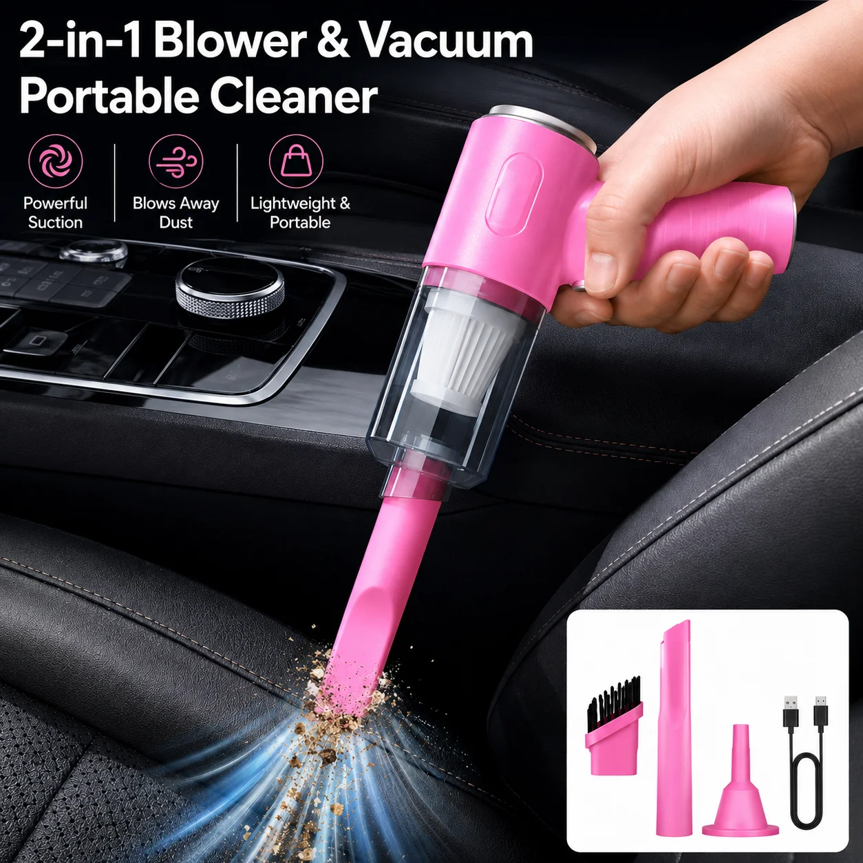 Cordless Rechargeable 2‑in‑1 Blow & Suction Mini Handheld Vacuum, USB Charging with Multiple Nozzles for Car, Home & Pet Hair