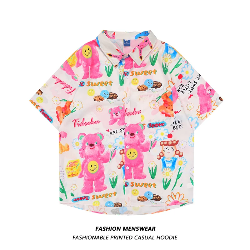 Oversized 2022 Summer Fashion Cartoon Bear Print Joker Loose Casual Shirt for Male Female Students