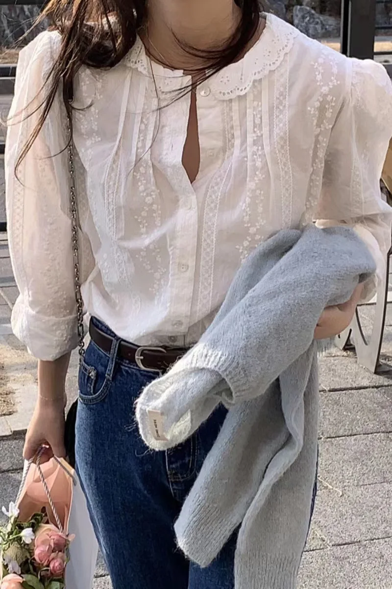 Women's White Eyelet Embroidered Blouse with Lace Ruffled Collar, Vintage Long Sleeve Button-Down Shirt ﻿ view 5