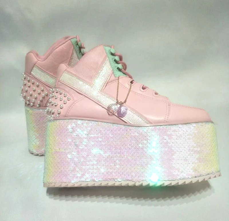

Sweet Pink Bling Flat Platform Lolita Shoes Pearl Studs Back Pedant Elastic Lace-Up Round Toe sequins Thick Sole Flat Shoes