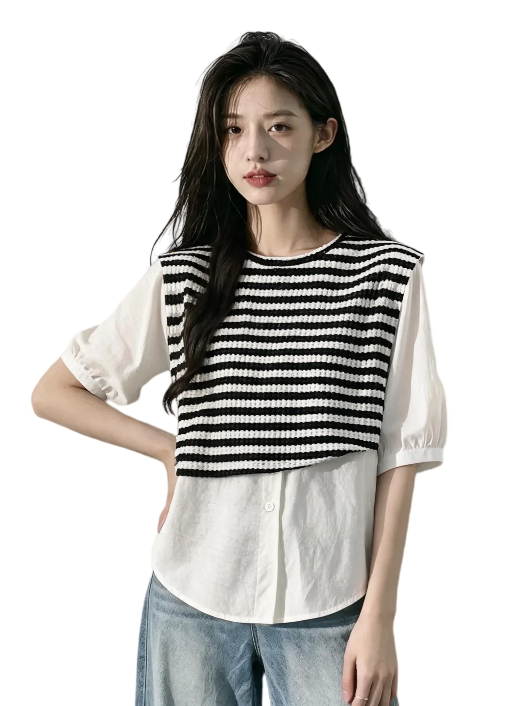 Slimming Striped Patchwork Short Sleeve Fake Two-Piece White Shirt Women's Summer New Large Size Fat MM Design Sense Youthful...