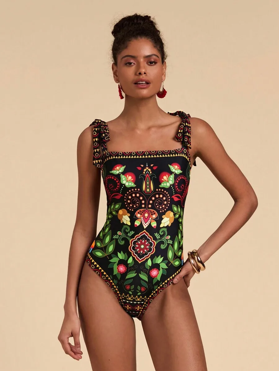 

Womens Floral Print Strap One Piece Swimsuit Bohemian Beach Vacation Swimwear