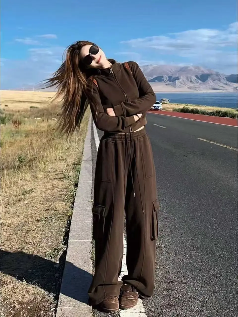 Retro American Sportswear Set Women's Fashionable Autumn Streetwear High-Waisted Wide-Leg Pants Casual Two-Piece Suit