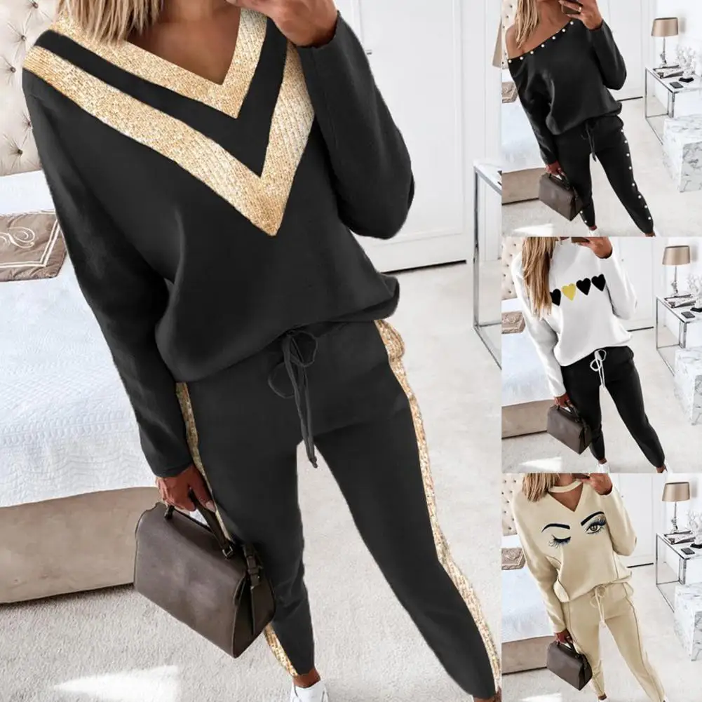 1 Set Sweatshirt Sweatpants Set Popular Loose Long Sleeve Pullover Pants Women Pullover Pants Set