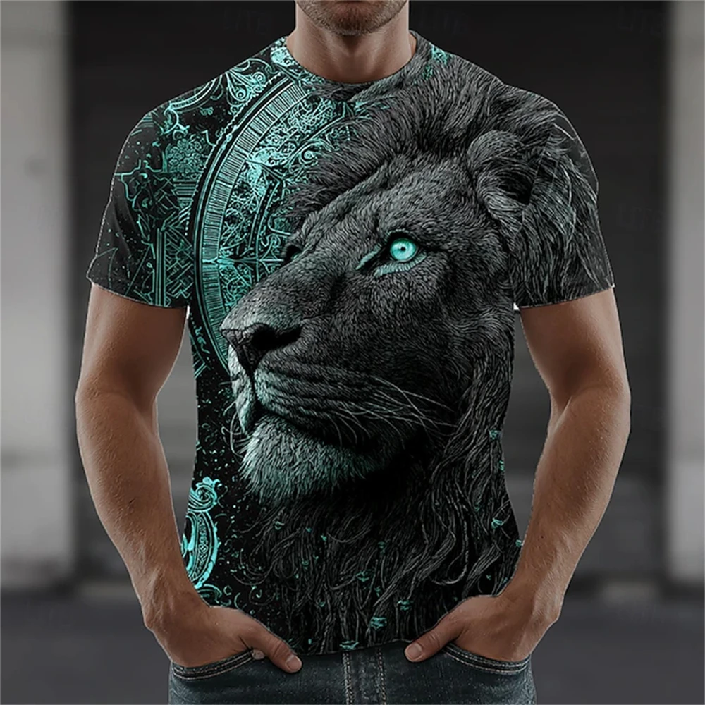 Funny Lion Print Men's T Shirt Casual O-neck Short Sleeve Tees Fashion Wolf Pattern Clothing Hip Hop Trend Oversized T-shirt Top