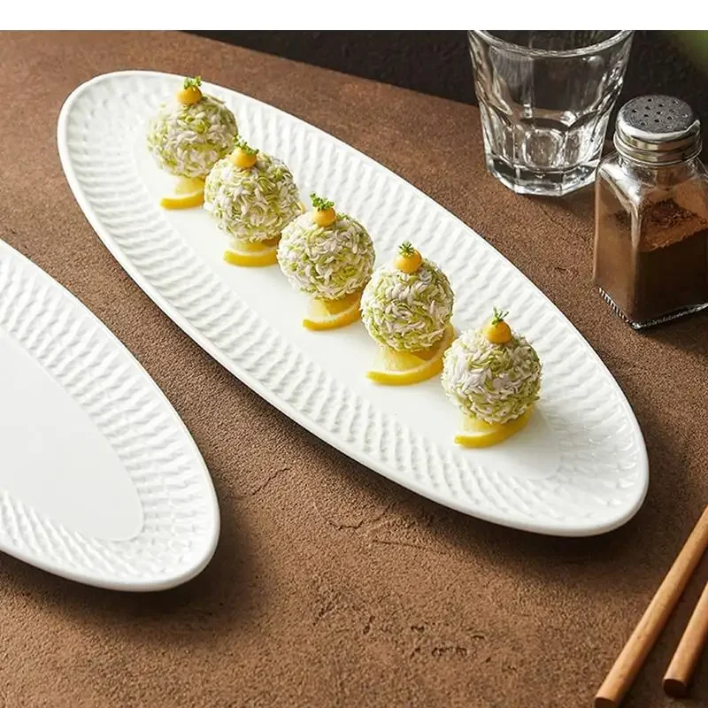 Relief Texture Ceramic Long Strip Plate Sushi Dessert Fish Plates Restaurant Molecular Cooking Tableware