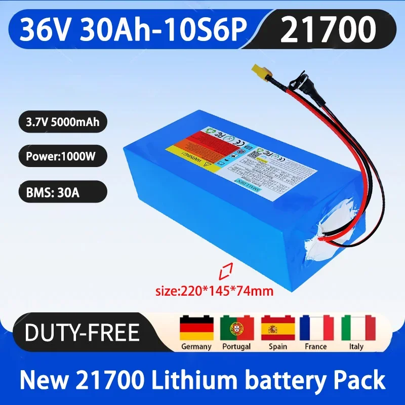 New 36V 30Ah 21700 10S6P A-class lithium battery pack,1000W high-power built-in 30BMS,suitable for various energy storage backup