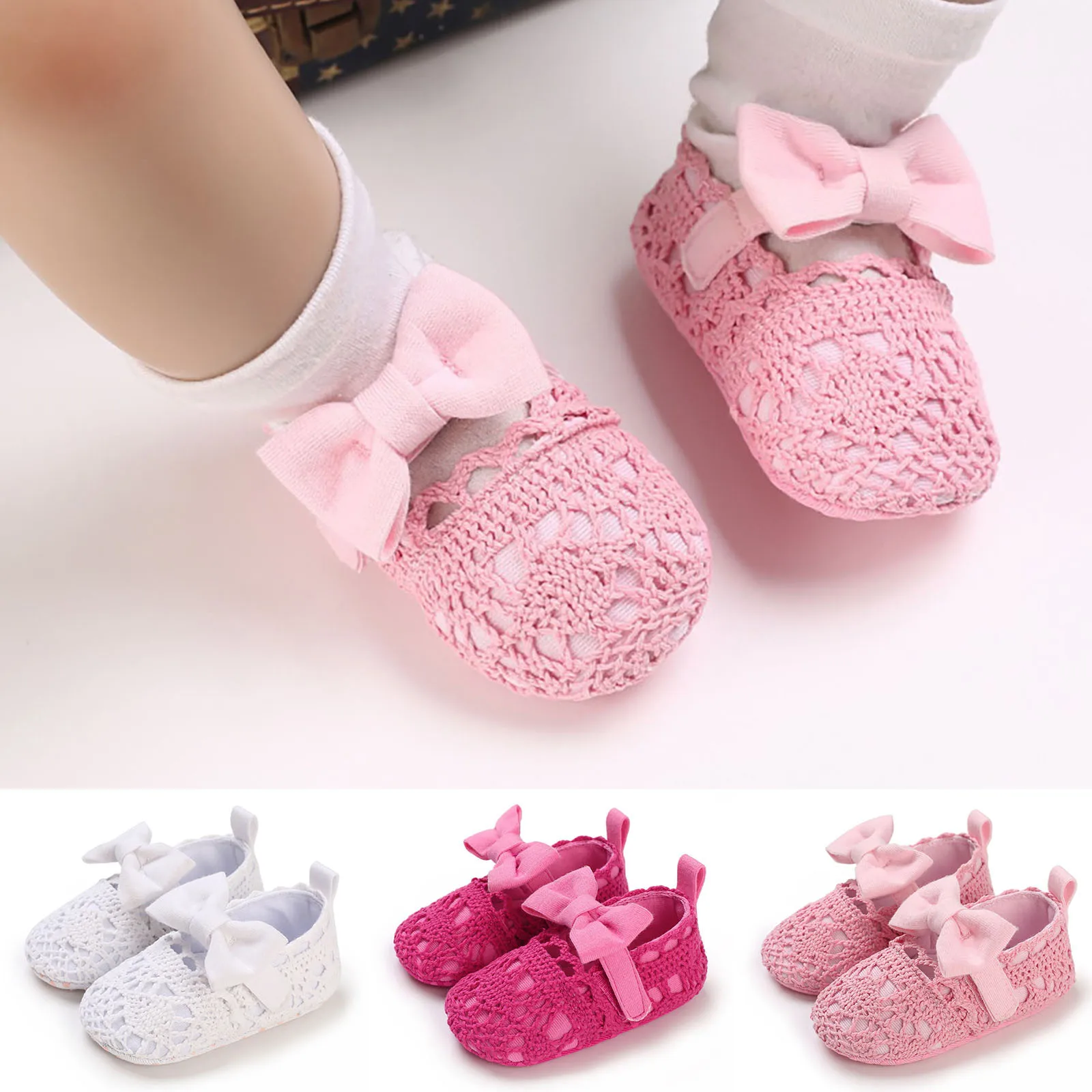 

Newborn Baby Girls Bowknot Shoes Spring Autumn Children Toddler Floor Non Slip Lightweight Solid Hollow Breathable First Walker