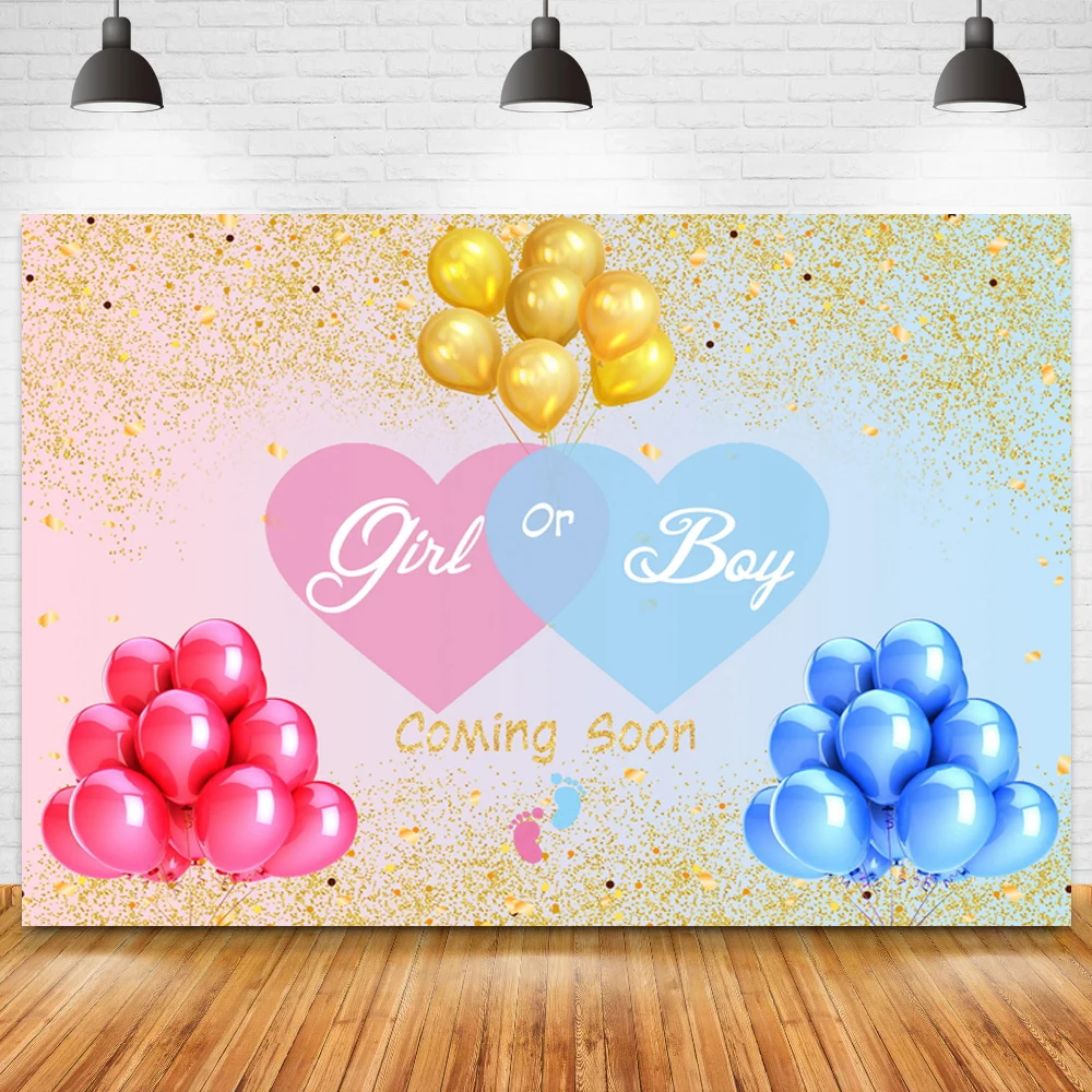 Gold Glitter Newborn Baby Coming Soon Theme Party Backdrop Blue Pink Balloon Boy Or Girl Gender Reveal Background Table Banner