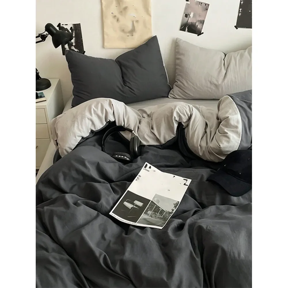Pcs Bedding Set Including 1 Comforter Cover And 2 Pillow Shams, Dark Grey And Light Grey, Super Soft Dormitory Bedroom, Machine