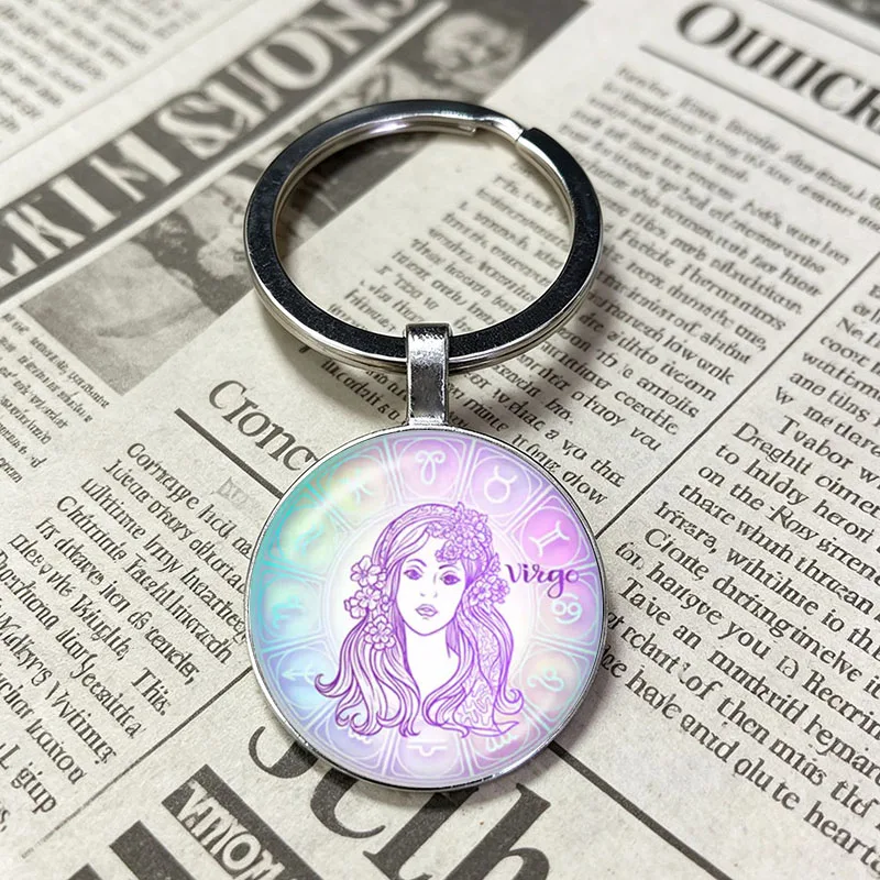 Popular Cosmic Purple Tone 12 Constellation Frame Keychain Holder Aquarius Scorpio Pisces Sign Daily Bag Charm Trinket