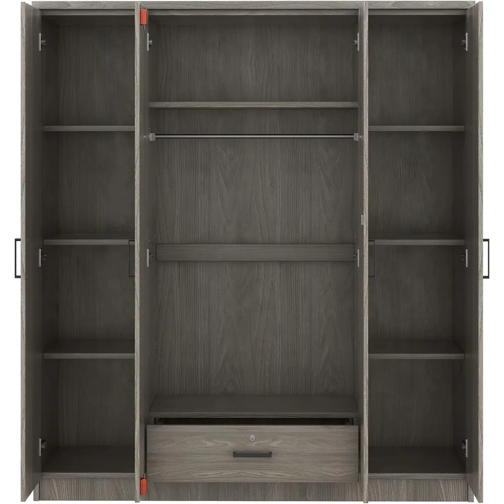 Armoire à 4 portes avec tiroirs, étagères et rail suspendu, armoire autoportante, armoire de rangement pour vêtements, org