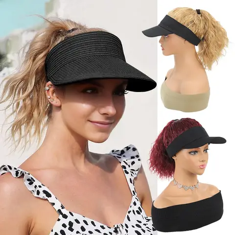 AOO synthetic black hollow top fluffy corn whisker short curly hair duck tongue hat wig headband, summer sun shading without