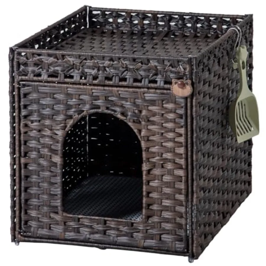Mueble para Caja de Arena de Gatos, Caja de Arena Oculta con Alfombra y Valla, Casa de Gatos de Ratán Tejida a Mano con Dos Ganchos en Forma de S para
