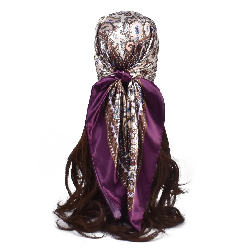 Luxus-Marken Seidenschal für Damen, Quadratischer Schal, Hijab, Bedrucktes Kopftuch, Foulard, Bandana, Strand-Pareo 90cm